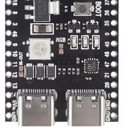 Circuit board with electronic components, including an RGB LED and two USB-C ports.