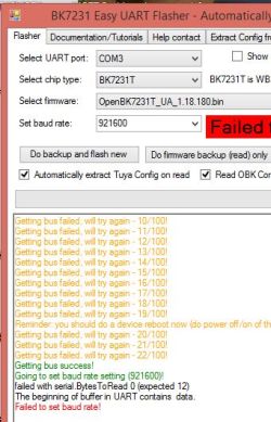 Screenshot of BK7231 Easy UART Flasher showing “Failed to set baud rate!” error