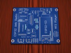 Blue ESP32 PCB design labeled with SD slot and LCD outputs on wood surface