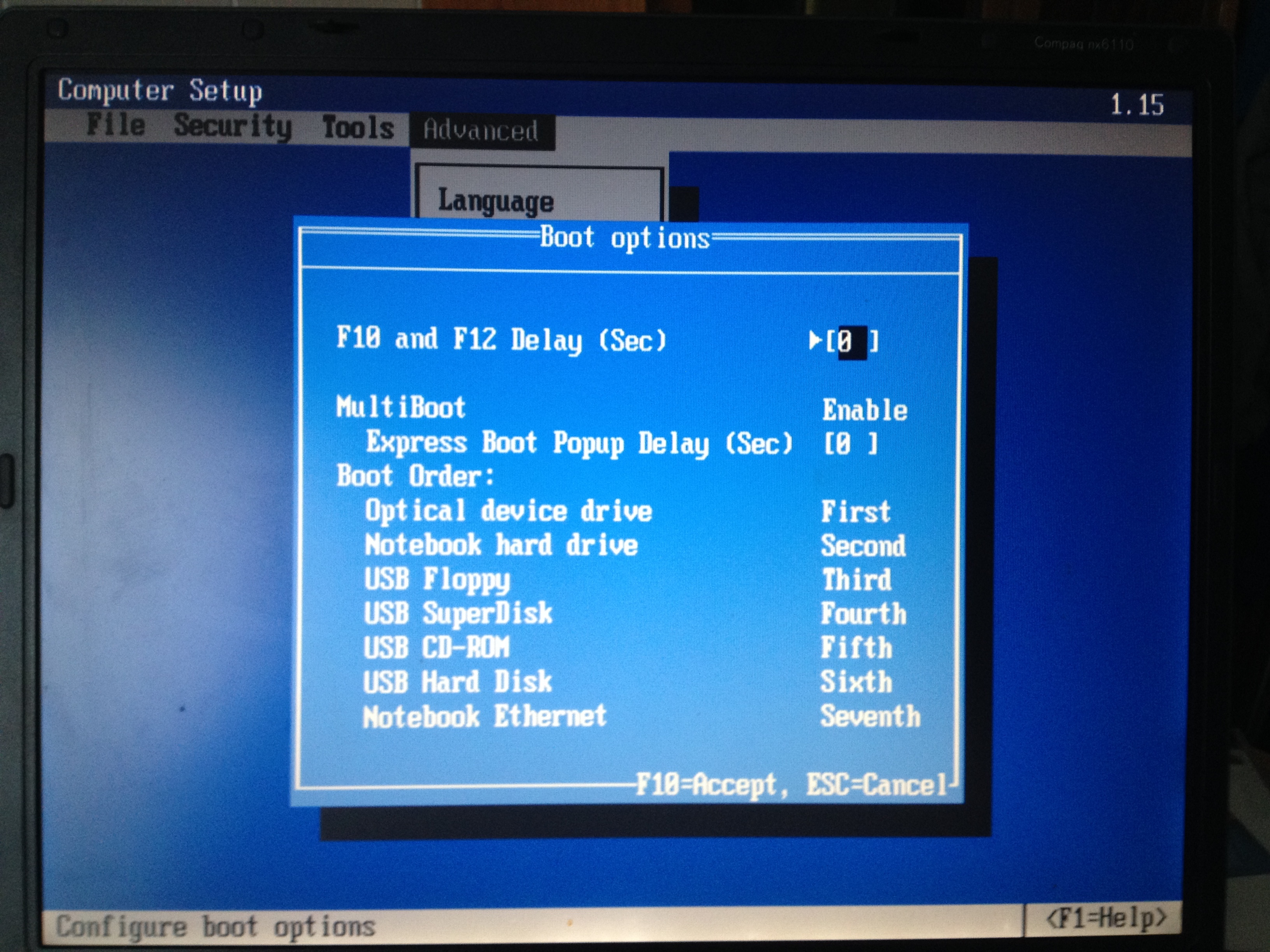 HP Compaq nx6110 - how to enable boot 