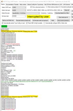 Screenshot of BK7231 Easy UART Flasher showing errors during firmware flashing on BL602