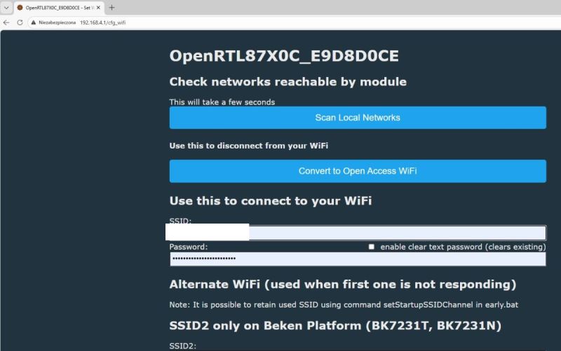 WiFi configuration interface for OpenRTL87X0C module shown in a browser