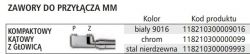 Tabela z zaworami do przyłącza MM, zawierająca informacje o kolorze i kodzie produktu.