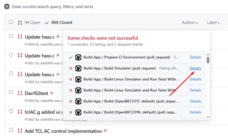 Closed pull requests list showing mostly failed CI test results