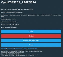 Screenshot of device control panel OpenESP32C2_7A0F3D24 with info on local time, chip temperature, and Wi-Fi status.