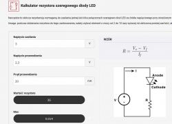 Zrzut ekranu kalkulatora do obliczania rezystora dla diody LED z wyliczoną wartością 35 ohm.