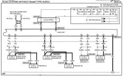 Schemat systemu audio samochodu bez systemu Bose, z przyciskami sterującymi radiem na kierownicy.