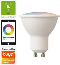 EUROLAMP GU10 RGBW bulb with EUROLAMP Smart logo and app control graphic.