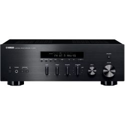 Odbiornik Yamaha RS300 z wyświetlaczem LCD i różnymi pokrętłami na panelu przednim.