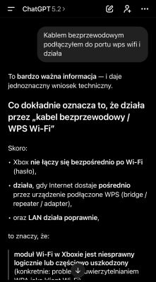 Screenshot of “ChatGPT 5.2” chat in Polish about WPS Wi‑Fi and an Xbox connection