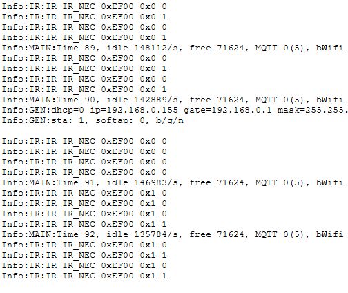 IR decoding logs from remote control using NEC format in OBK firmware