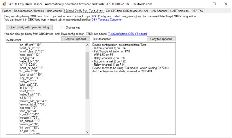 BK7231 Easy UART Flasher window showing extracted Tuya configuration