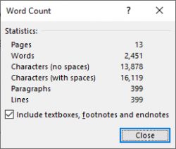 Screenshot of a Word document statistics window, showing the number of pages, words, characters, paragraphs, and lines.