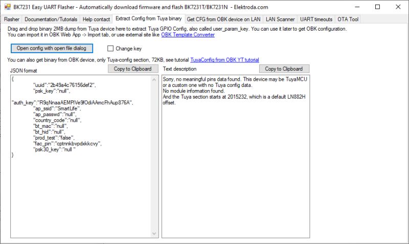 Screenshot of BK7231 Easy UART Flasher with loaded JSON configuration
