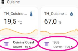 Home Assistant dashboard screenshot with two shutter tiles, “Cuisine Ouest” and “SdB”, circled in pink