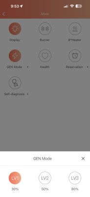 App settings screen showing GEN Mode with power levels 30%, 50%, and 80%