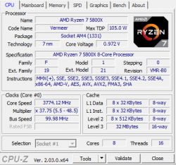Zrzut ekranu CPU-Z z informacjami o procesorze AMD Ryzen 7 5800X.