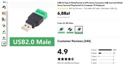 Zrzut ekranu oferty wtyku USB 2.0 męskiego z zielonym złączem śrubowym 5-pin oraz oceną 4,9