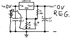 Odręczny schemat regulatora LM317 z R1 240 Ω, potencjometrem R2 5 k i kondensatorami C1, C2
