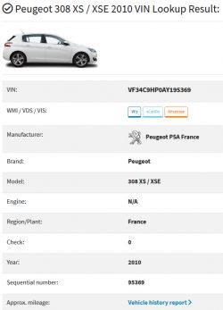 Peugeot 308 - jak rozkodować VIN VF34C9HP0AY195369 dla ubezpieczyciela?