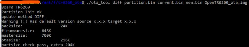 Terminal screenshot showing ota_tool DIFF output and firmware package size values