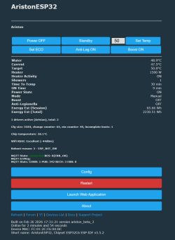 Screenshot of the AristonESP32 dashboard with control buttons and status readings for temperature and connectivity