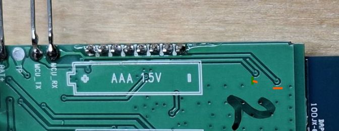 View of PCB segment labeled for AAA 1.5V battery placement