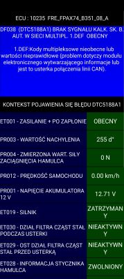 Zrzut ekranu z diagnostyki błędu DF038 dotyczącego hamulca ręcznego w Renault Laguna