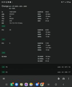 Zrzut ekranu z pomiarów sygnału sieci LTE i 5G na telefonie komórkowym.