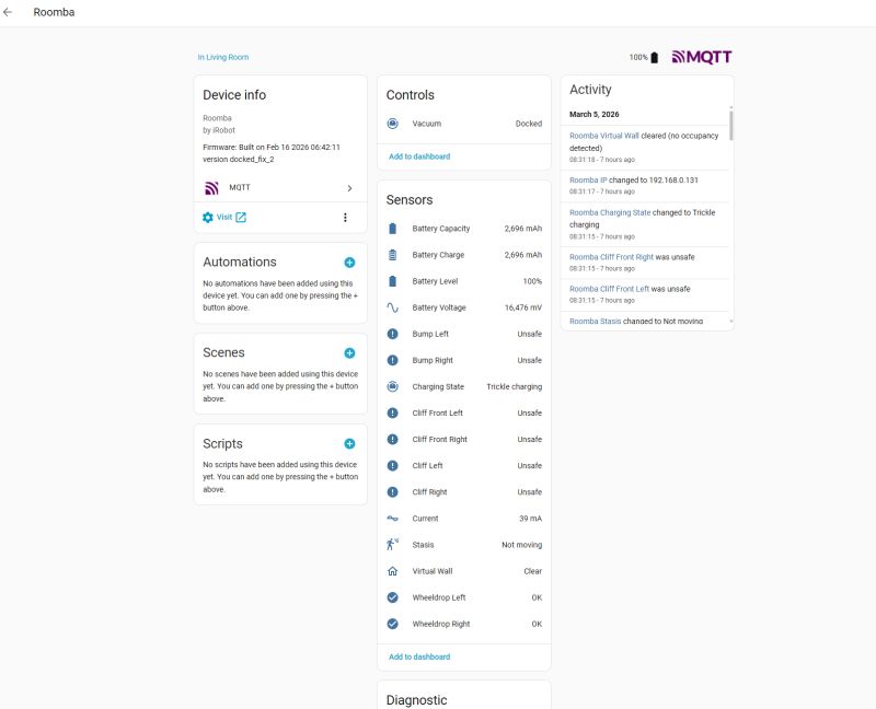 Home Assistant screenshot: Roomba via MQTT with battery sensors, controls, and activity log