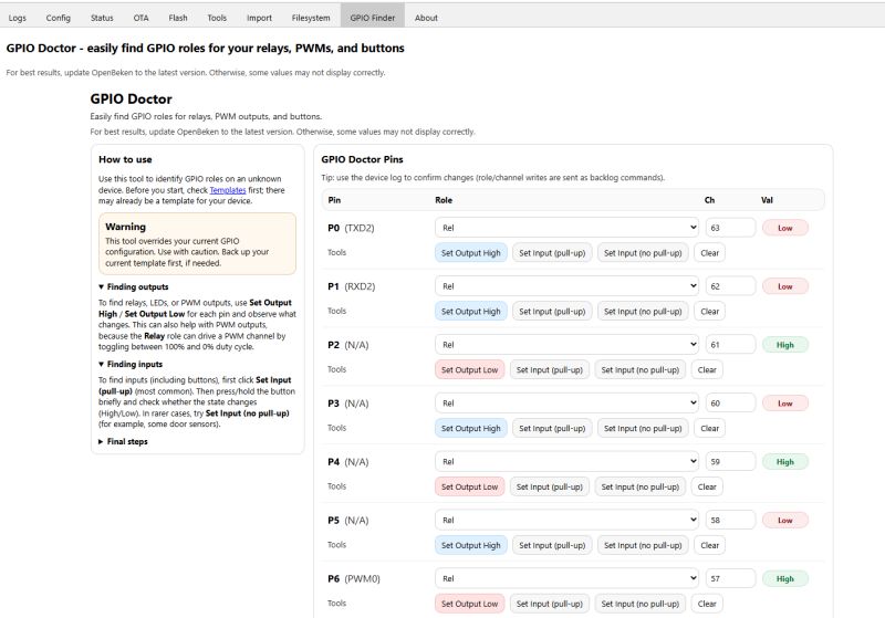 GPIO Doctor interface with pin list and configuration buttons