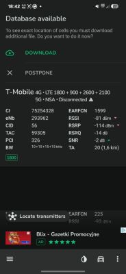 Zrzut ekranu z aplikacji pokazujący szczegóły sieci LTE T-Mobile na kilku pasmach