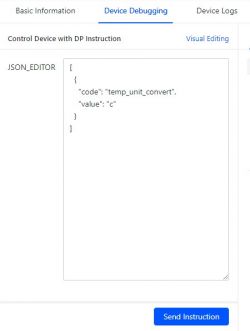 Screenshot of a device debugging interface with a JSON editor.