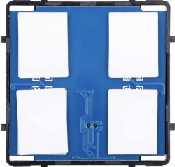 Top view of a Cherry MX switch mechanism keyboard with four white keys on a blue base.