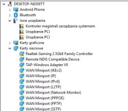 Zrzut ekranu z Menedżera urządzeń systemu Windows z widocznymi urządzeniami z wykrzyknikami.