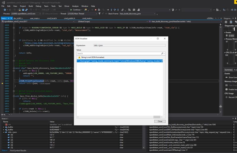 Screenshot of Visual Studio showing C code editing and the JSON Visualizer with a JSON formatting error message.