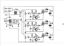 Electronic circuit diagram with three transistors and diodes.