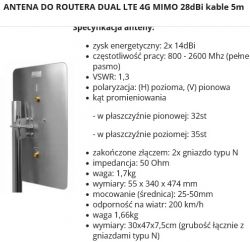 Panelowa antena LTE MIMO z kablami 5m