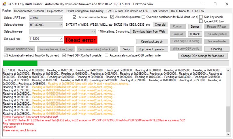 Screenshot of BK7231 Flasher showing flash memory read error message