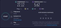 Wyniki testu prędkości internetu z pobieraniem 22,12 Mbps i wysyłaniem 5,62 Mbps