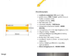 Fragment specyfikacji taśmy LED na napięcie 12V i pobór mocy 10W na metr z rysunkiem poglądowym.