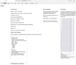Screenshot of localhost “Config” page showing device info, device templates, and GPIO pin settings list.
