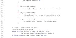 C code in a text editor with functions related to voltage, current, and power.