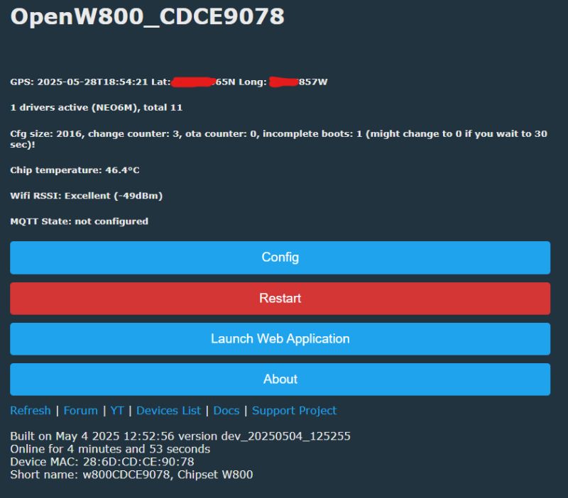 Screenshot of the OpenW800 device control panel with Config, Restart, Launch Web Application, and About buttons.