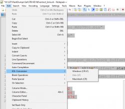 Zrzut ekranu programu Notepad++ z menu EOL Conversion otwartym.