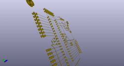 Wizualizacja projektu płytki PCB z widocznymi połączeniami i przelotkami.