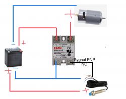 Schemat połączenia czujnika pojemnościowego z silnikiem elektrycznym przez przekaźnik SSR.