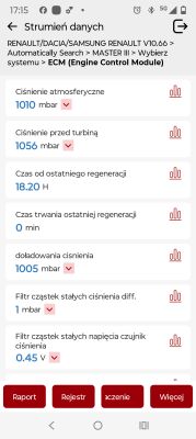 Zrzut ekranu „Strumień danych” ECM z odczytami ciśnień i danych regeneracji