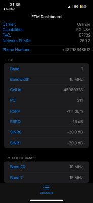 Zrzut ekranu z aplikacji FTM Dashboard z danymi LTE i sieci 5G operatora Orange