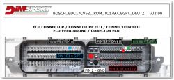 Close-up view of Bosch EDC17CV52 ECU connector with labeled pins and their functions.